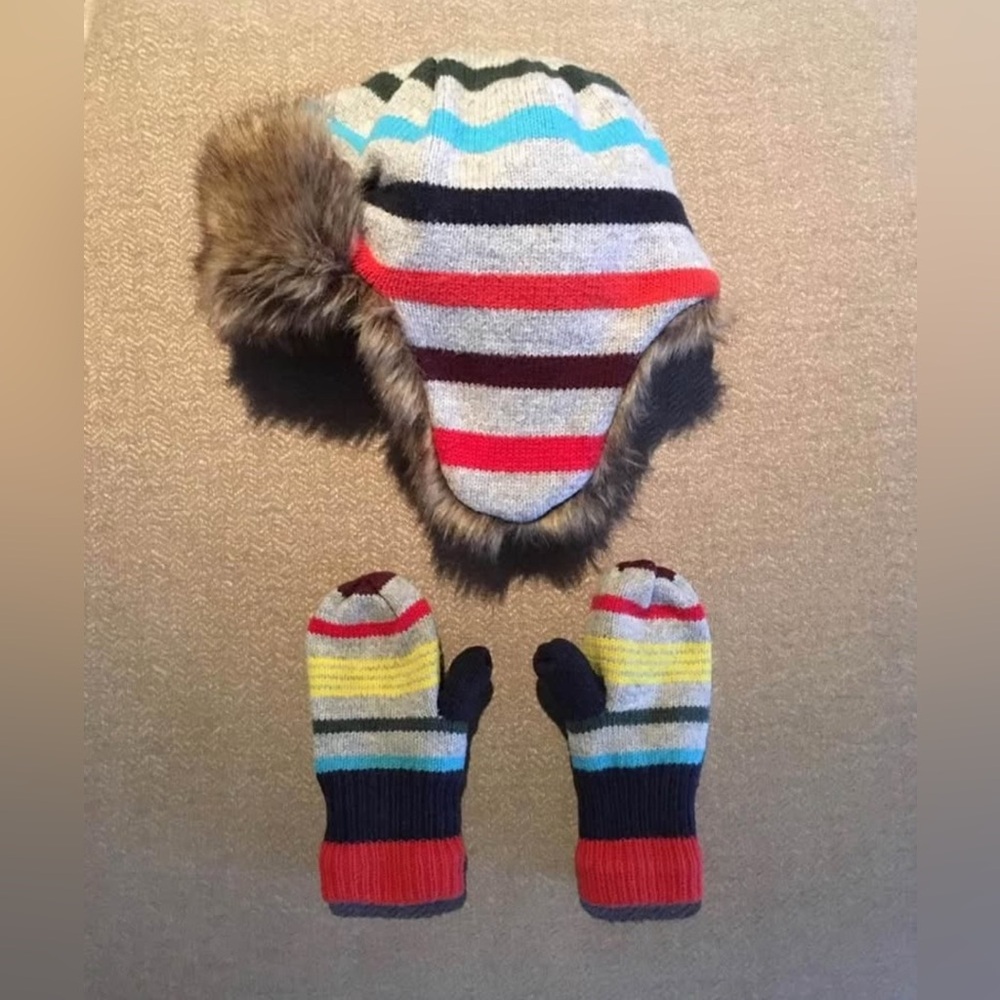GAP BOYS STRIPE FUR TRAPPER HAT & MITTENS SET